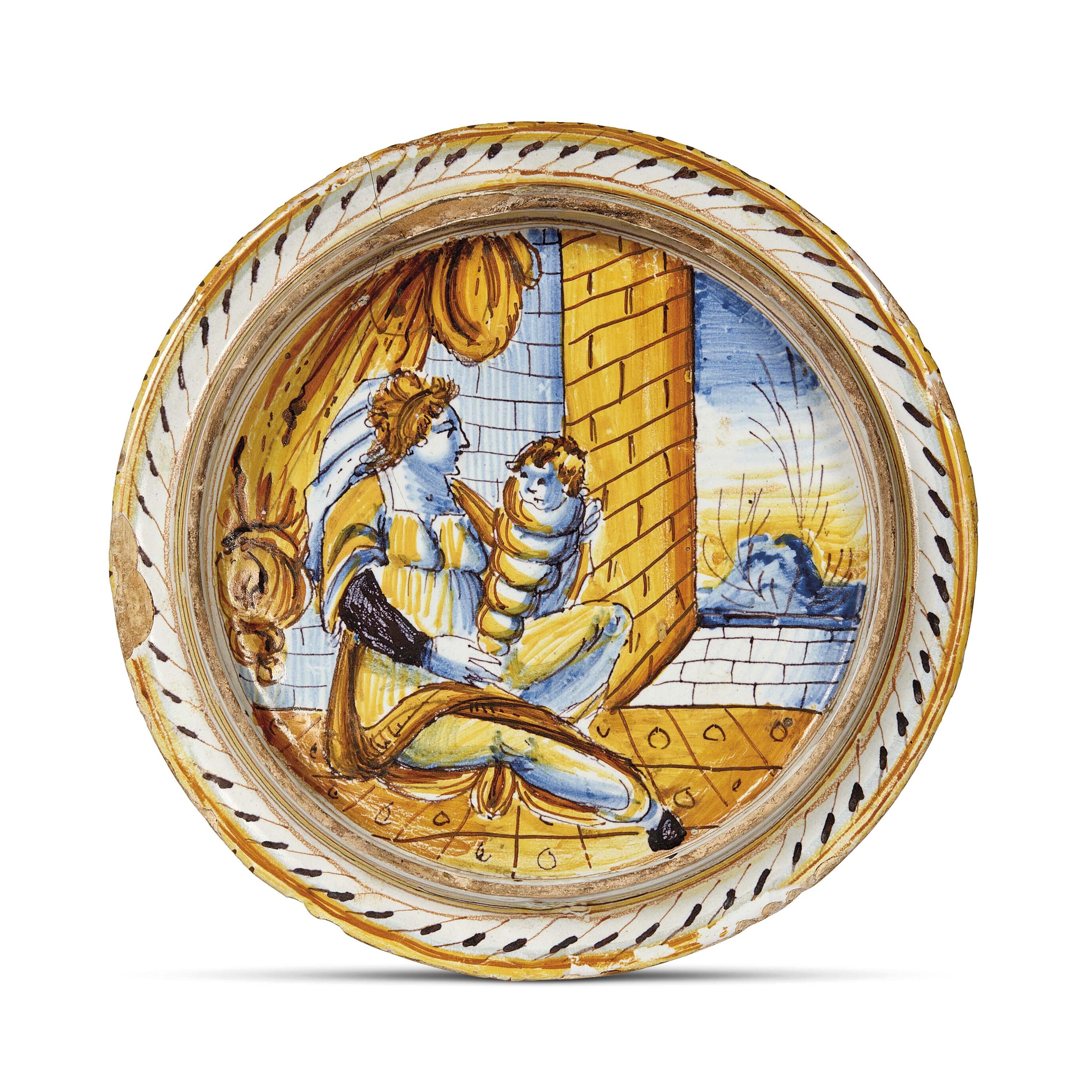 Pittore marchigiano, Coperchio da impagliata in maiolica dipinta