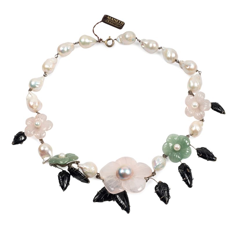 Collana girocollo in argento con perle barocche, giada e pendenti in ossidiana