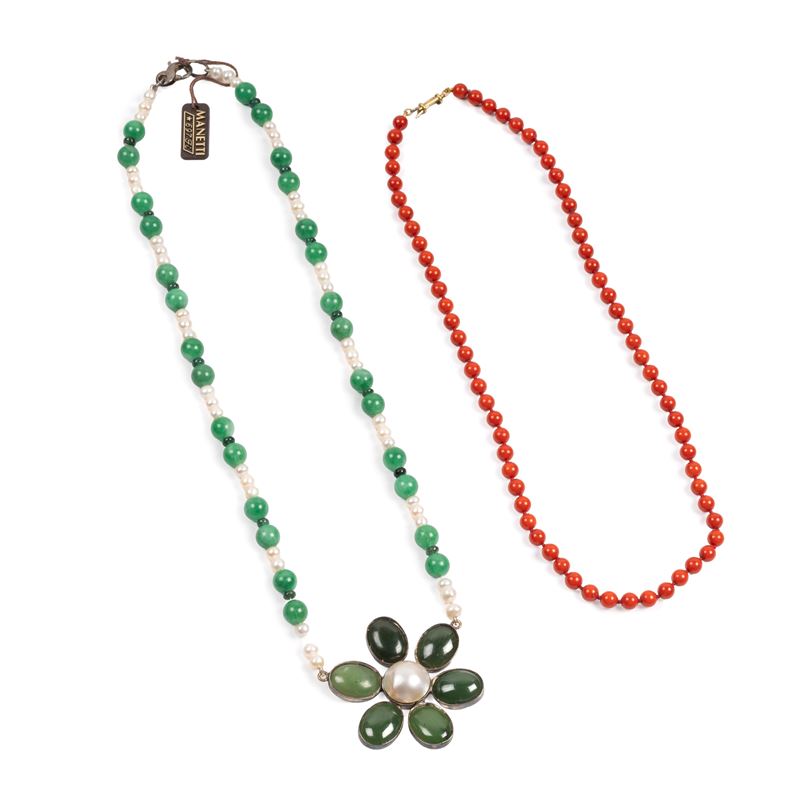 Collana in argento con perle e pietre colorate, lunghezza 54 cm