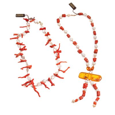 Collana di corallo bambù e perle con fermatura in oro 18kt