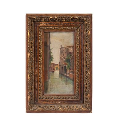 Scuola inglese del XIX secolo, Vicolo veneziano, olio su cartone