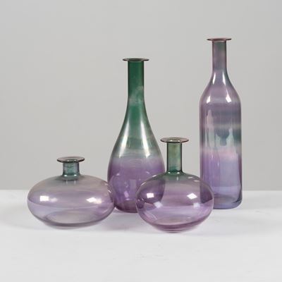 Murano, Quattro bottiglie in vetro nei toni del blu e del verde, sec. XX