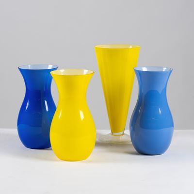 Vasi di Murano, Set di Quattro Vasi in Vetro Blu e Giallo, Secolo XX