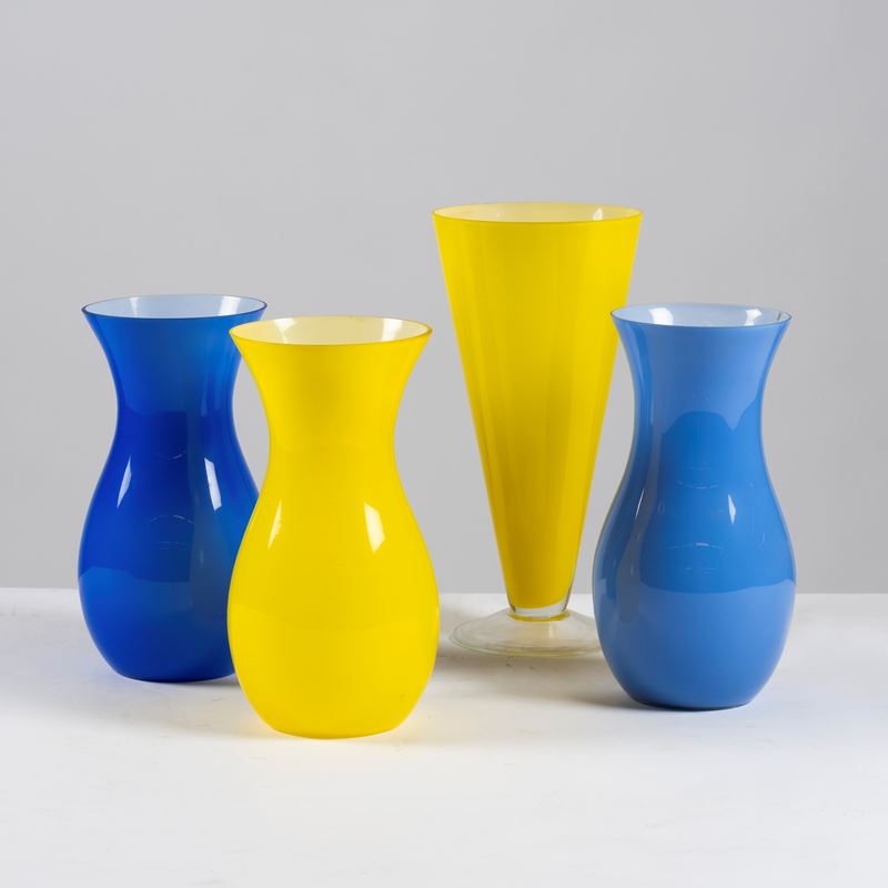 Vasi di Murano, Set di Quattro Vasi in Vetro Blu e Giallo, Secolo XX