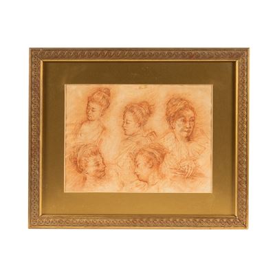 Scuola francese, Studio di volti, disegno a sanguigna su carta