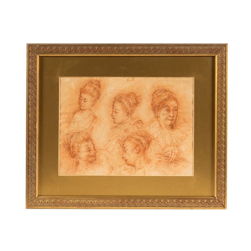 Scuola francese, Studio di volti, disegno a sanguigna su carta