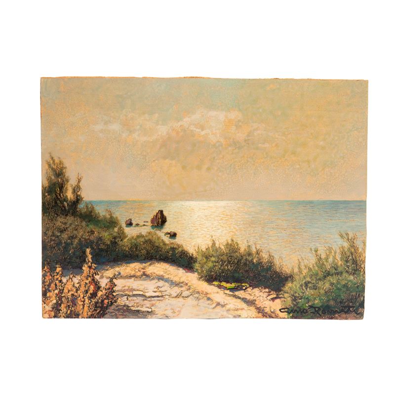 Gino Romiti, Marina al tramonto, olio su compensato
