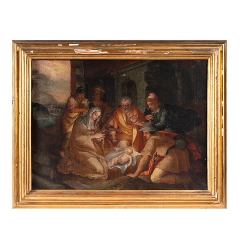 Scuola centro-italiana, Adorazione del Bambino, olio su tela, cm 44 x 56, sec. XVII