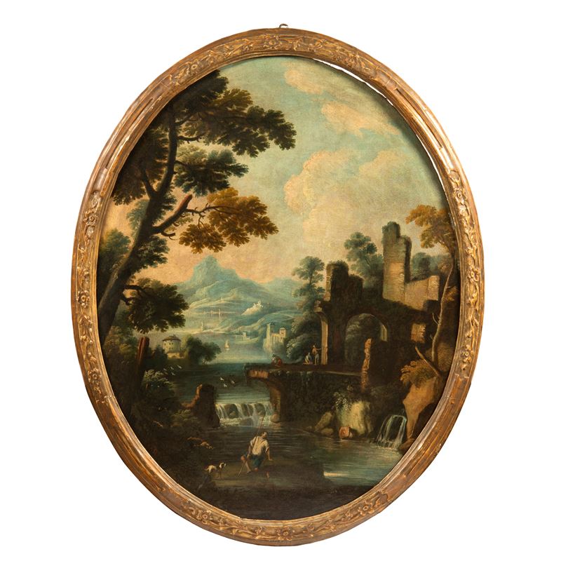 Scuola veneta, Paesaggio campestre con architetture, olio su tela