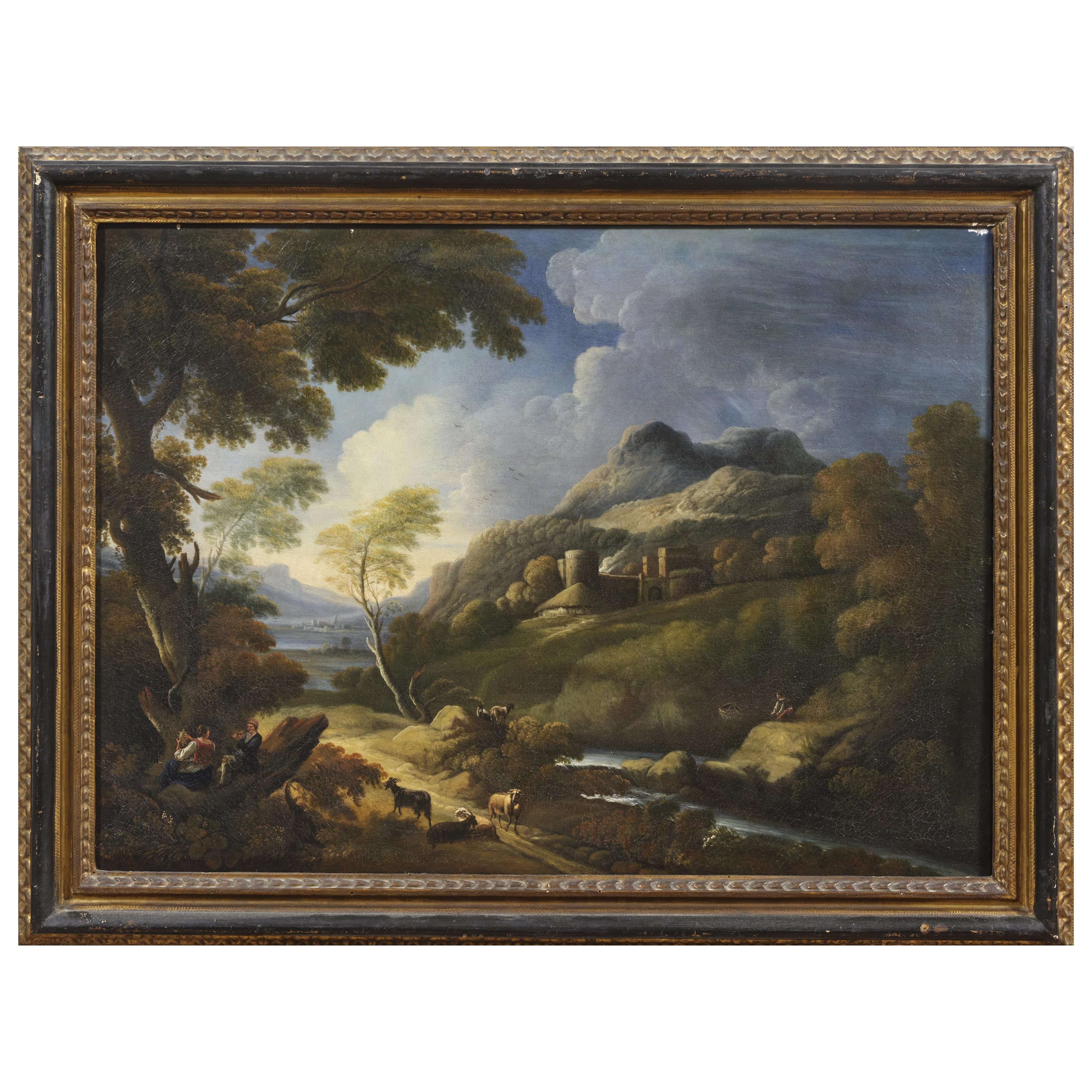 Scuola romana, Paesaggio collinare con figure, olio su tela (sec. XVIII)