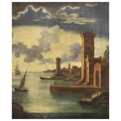 Scuola napoletana, Marina con barche, olio su tela