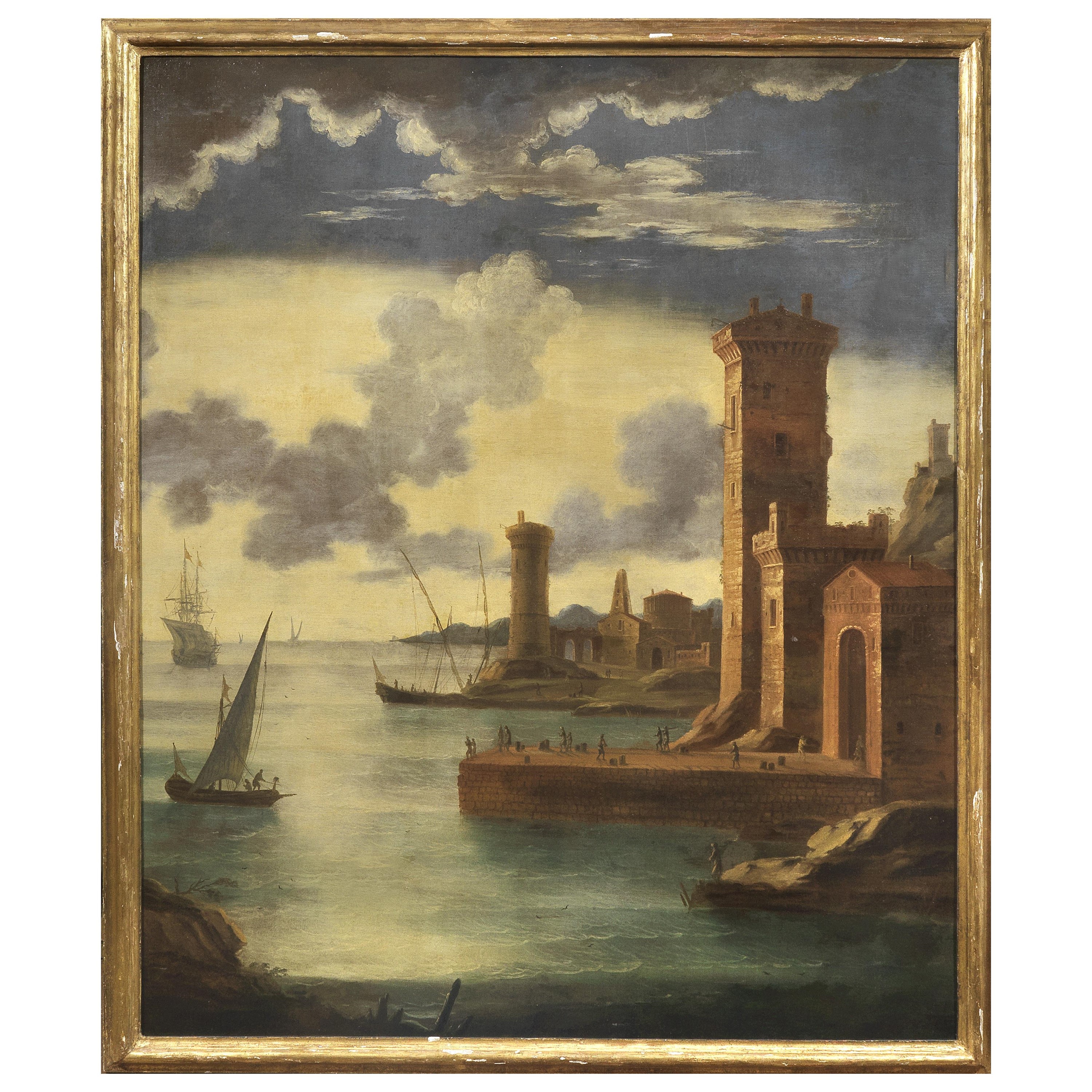 Scuola napoletana, Marina con barche, olio su tela