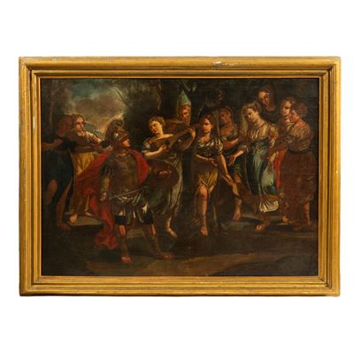 Scuola italiana del XVIII secolo, Scena di personaggi e musicanti, olio su tela