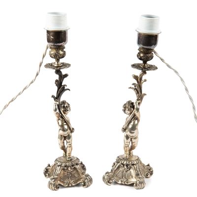 Coppia di candelieri, argento 800, Sec. XX