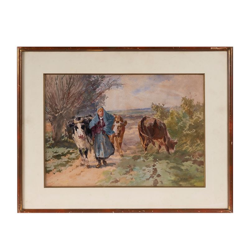 Paolo Sala, Mucche al pascolo, disegno ad acquerello su carta