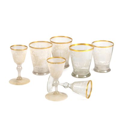 Assortimento di bicchieri, Venezia, secolo XVIII, vetro trasparente e acidato con incisioni e pro...
