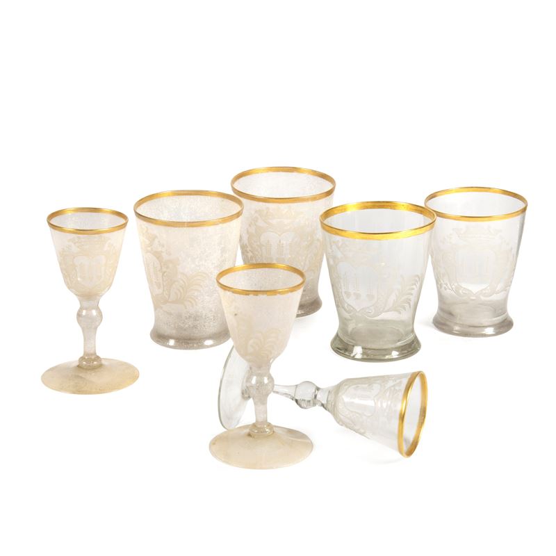 Assortimento di bicchieri, Venezia, secolo XVIII, vetro trasparente e acidato con incisioni e pro...
