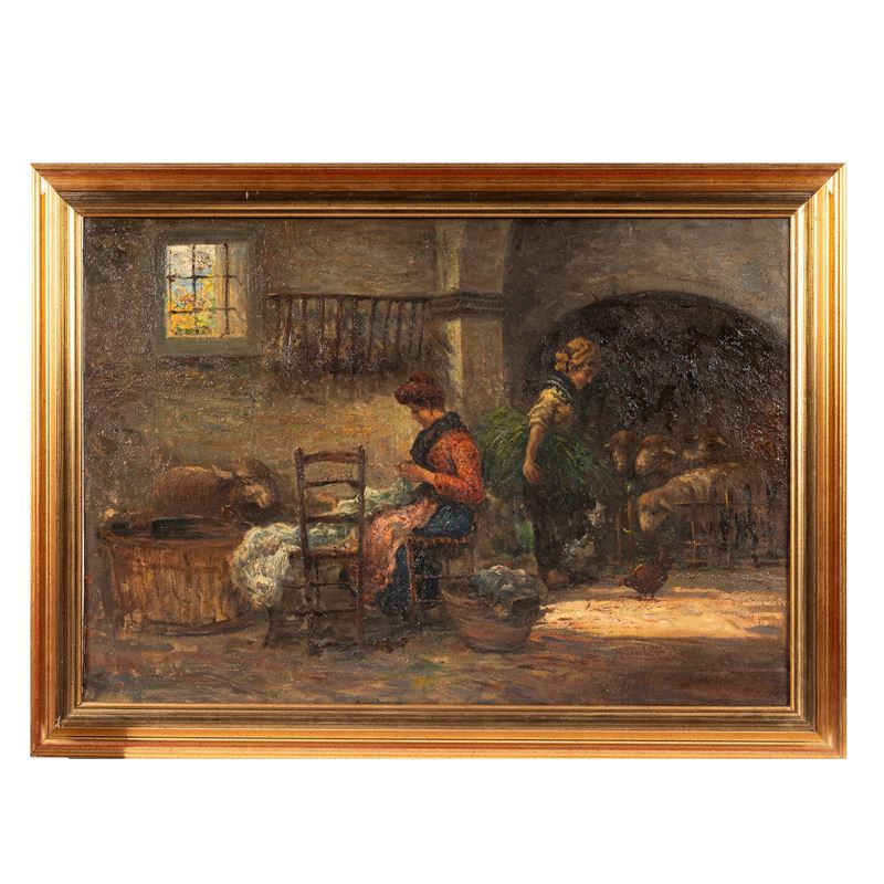 Angelo Dall'Oca Bianca, Pomeriggio nella stalla, olio su tela