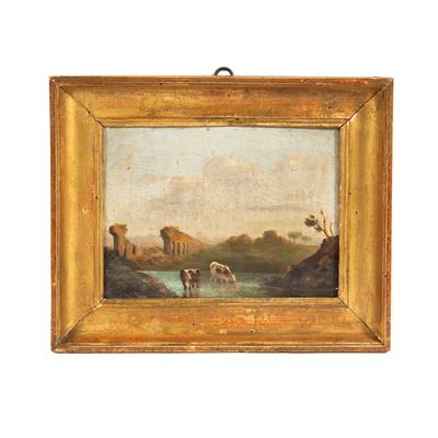 Scuola italiana, Paesaggio con rovine e animali