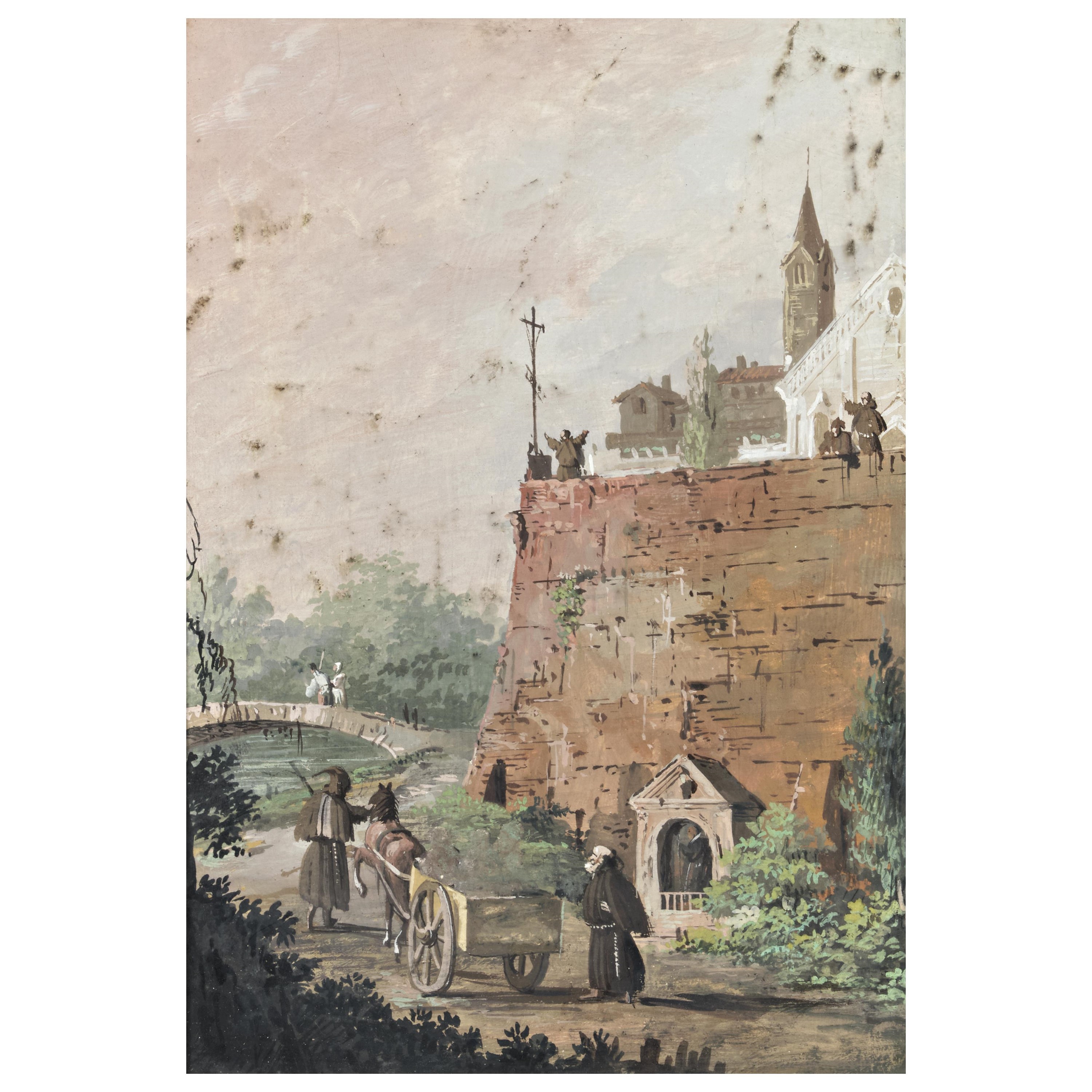 Scuola veneta, Coppia di paesaggi (disegni) ad olio su carta, secolo XVIII