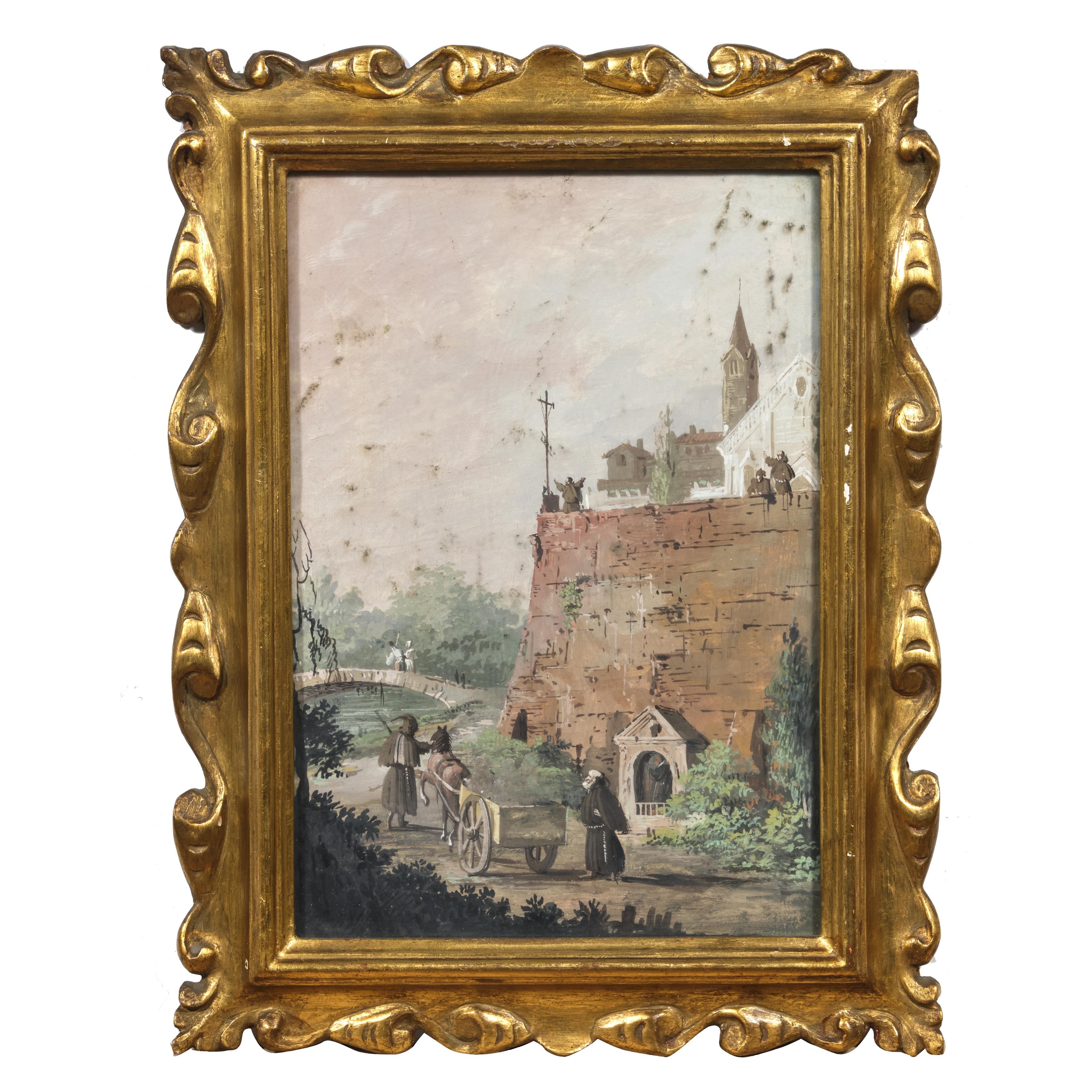 Scuola veneta, Coppia di paesaggi (disegni) ad olio su carta, secolo XVIII