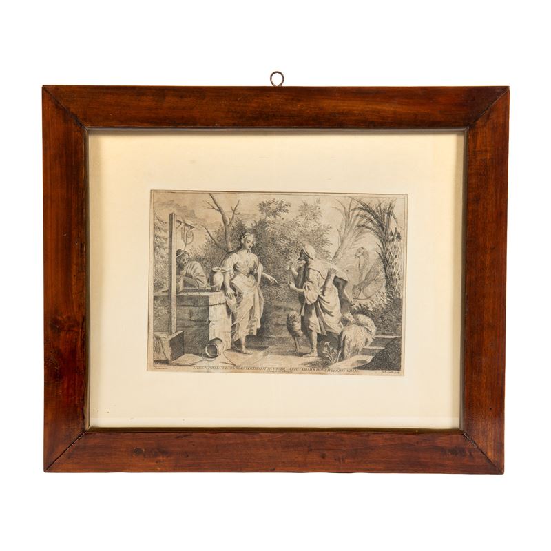Jacopo Amigoni e Giovan Battista Galli, Rebecca al pozzo (notizie 1762-1795), acquaforte con corn...
