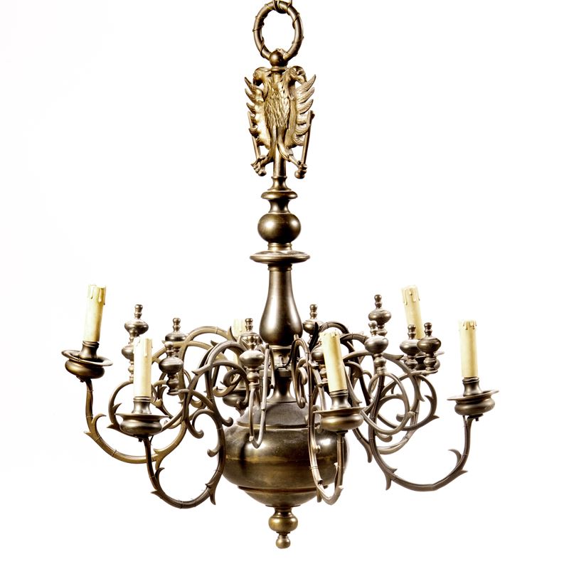 Lampadario in stile olandese, bronzo dorato, a sei luci, inizio XX secolo
