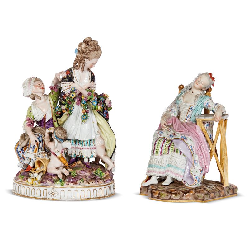 Gruppo, manifattura Meissen, 'Il Riposo' e 'La Raccolta', porcellana policroma, sec. XX