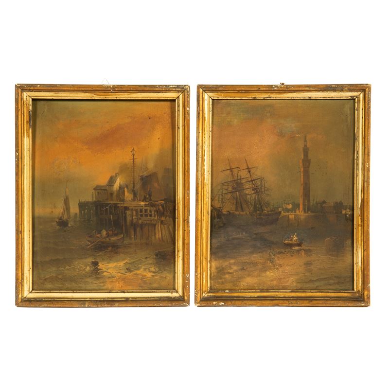 Scuola italiana, Coppia di marine, olio su cartone