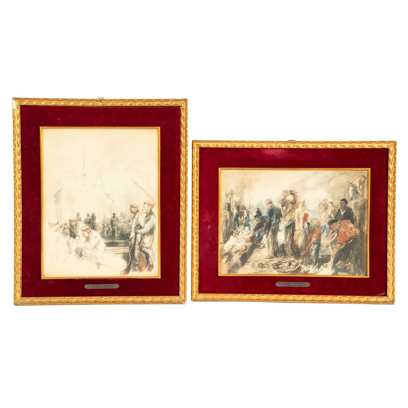 Charles Fouqueray, Scene di porto - quattro tecniche miste su carta