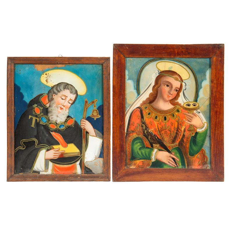 Scuola italiana, sec. XIX, Santi - Due dipinti su vetro