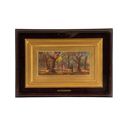 Ulvi Liegi, Giardino con figure (olio su tavola)