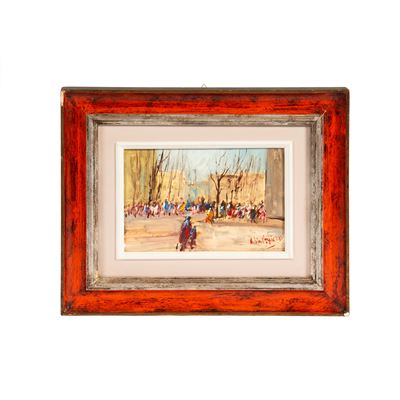 Norberto Martini, Piazza con figure, olio su cartone