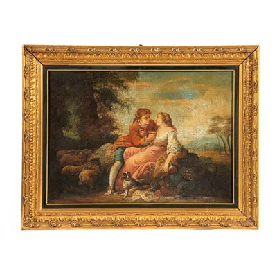 Scuola fiamminga, Corteggiamento - olio su tela, cm 50x70
