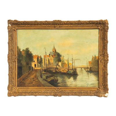 Scuola europea, Porticciolo - olio su tela