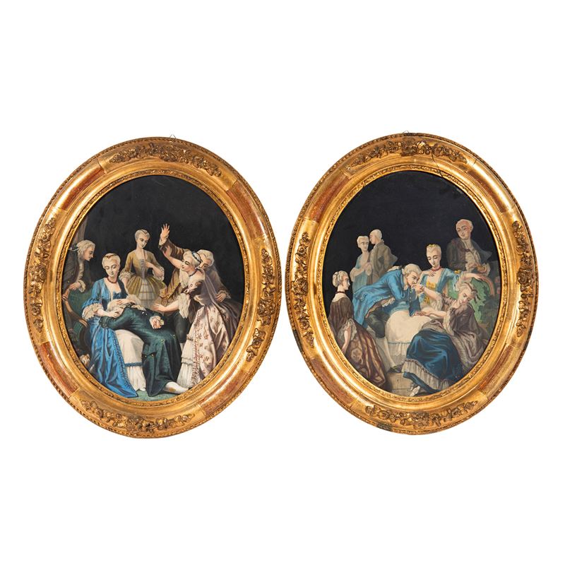 Scuola francese (sec. XIX), Scene galanti, coppia di stampe ovale a incisione/bianco e nero