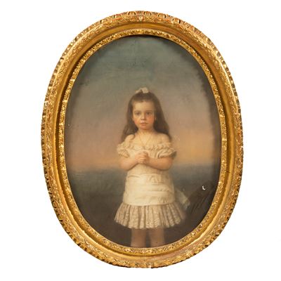 Scuola italiana, Fanciulla - Pastello su carta, cornice ovale dorata
