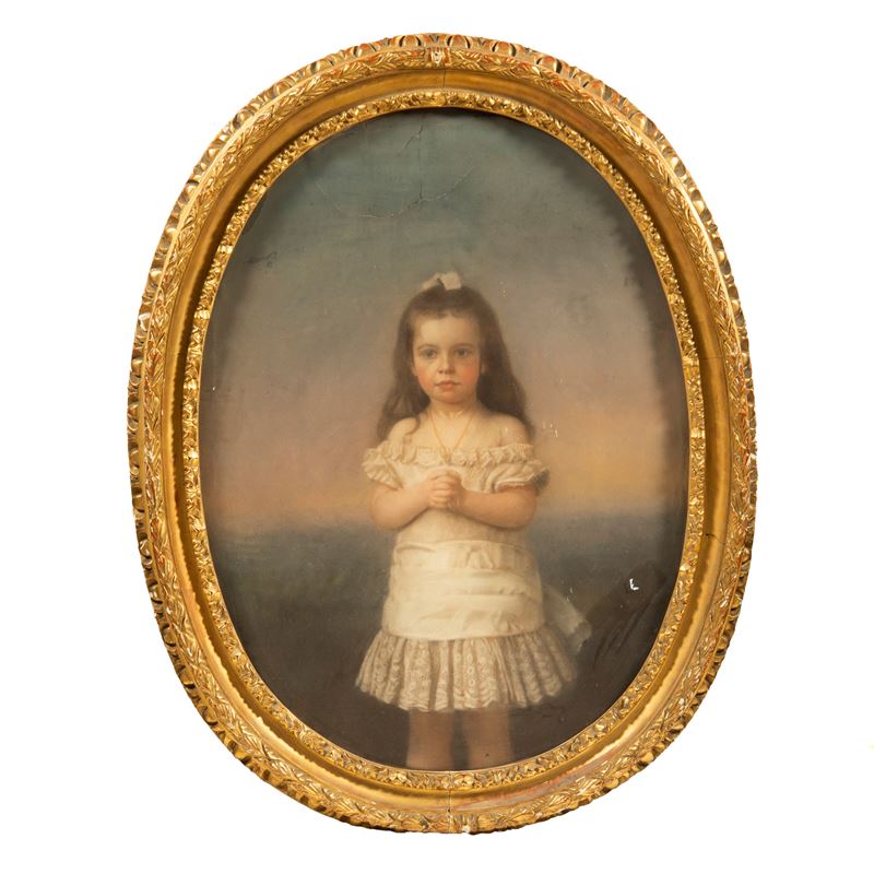 Scuola italiana, Fanciulla - Pastello su carta, cornice ovale dorata