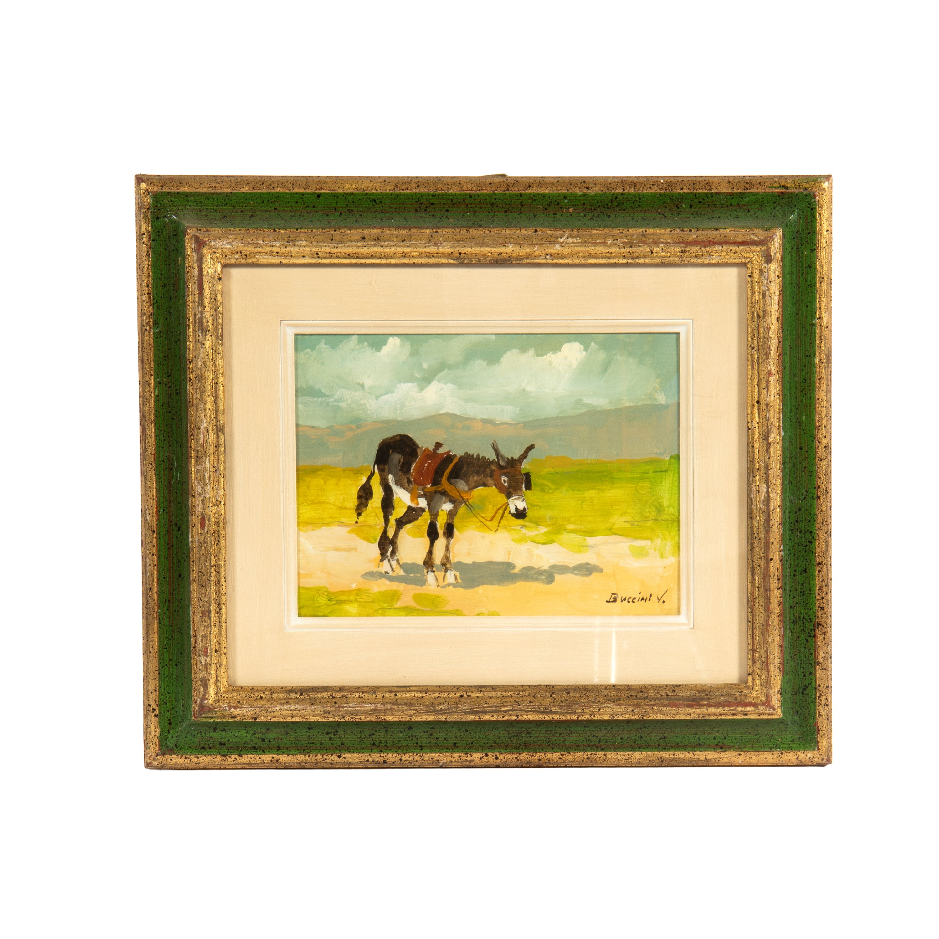 Scuola italiana, Asino - olio su tavoletta firmato V. Buccini, cm 17,5x23