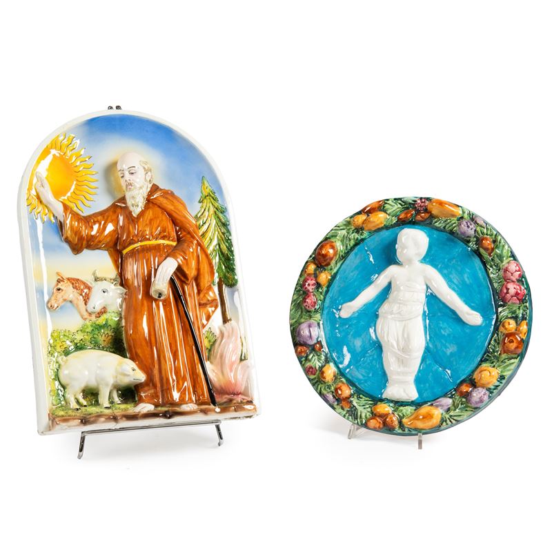 Scuola italiana, Sant'Antonio Abate e Figura Robbiana, ceramica e terracotta