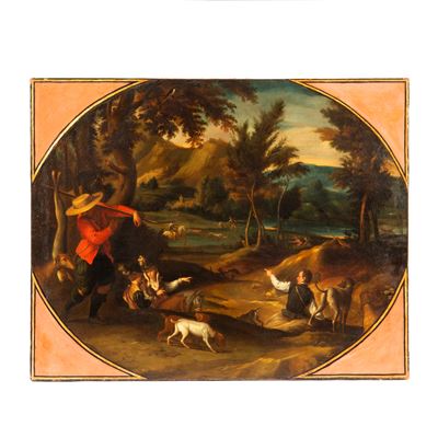 Scuola inglese, sec. XVIII, Caccia, olio su tela ovale