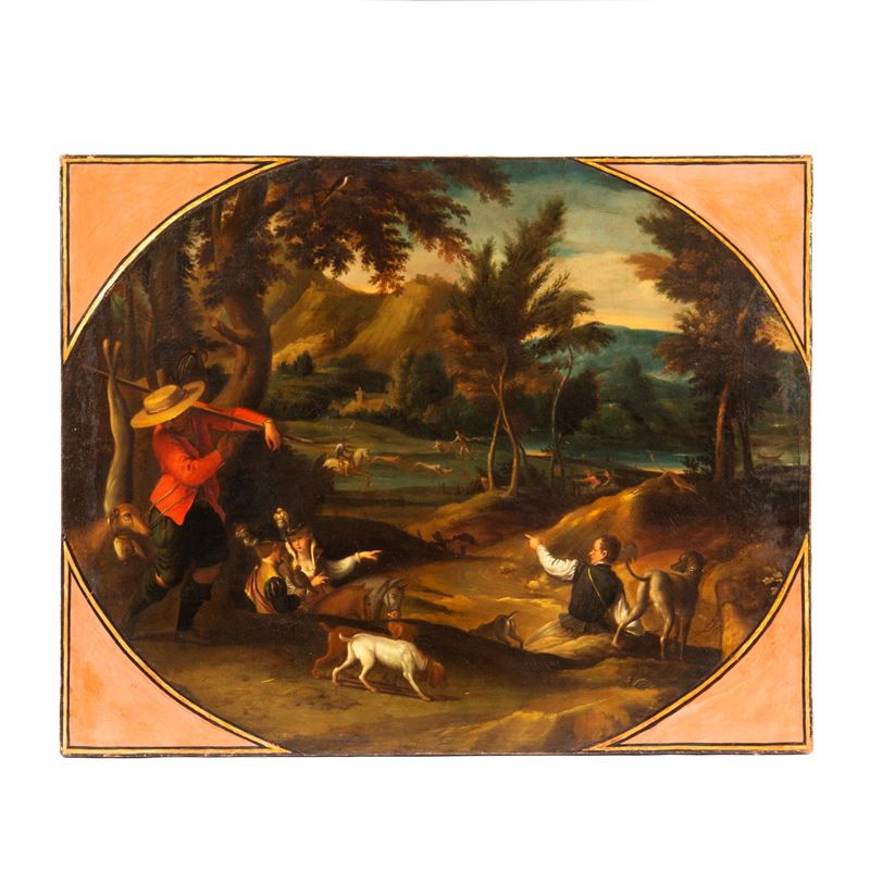 Scuola inglese, sec. XVIII, Caccia, olio su tela ovale