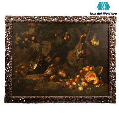 Scuola italiana, Natura morta con caggiagione, olio su tela, cm 198x148