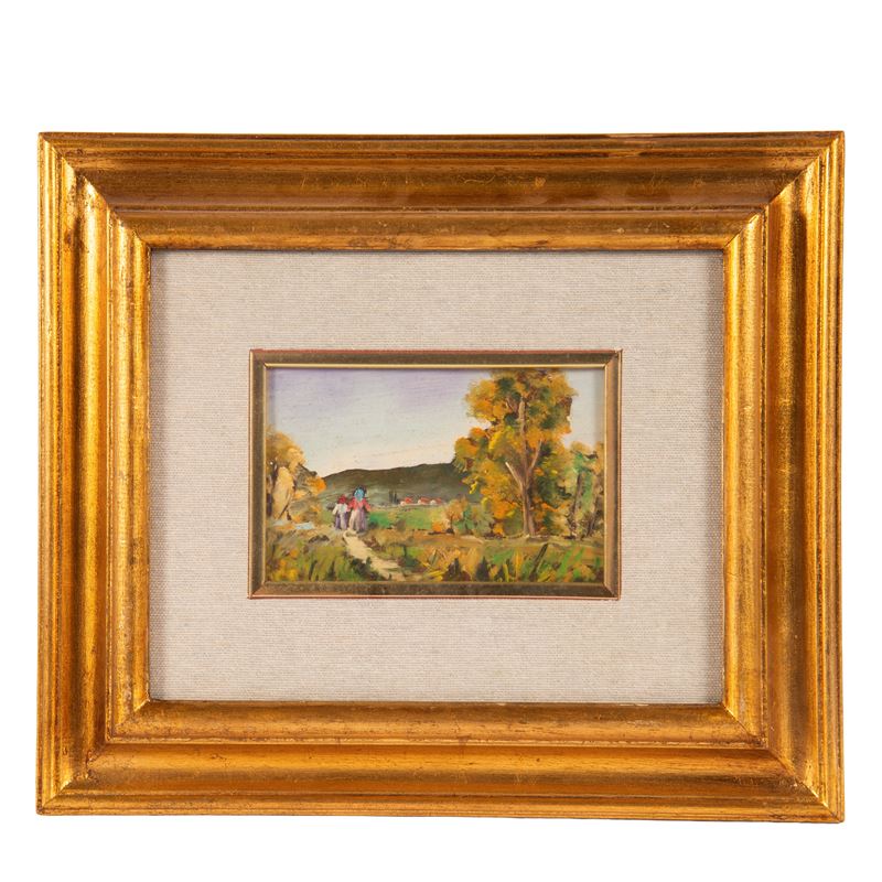 Scuola del XX secolo, Paesaggio con figure, olio su tela