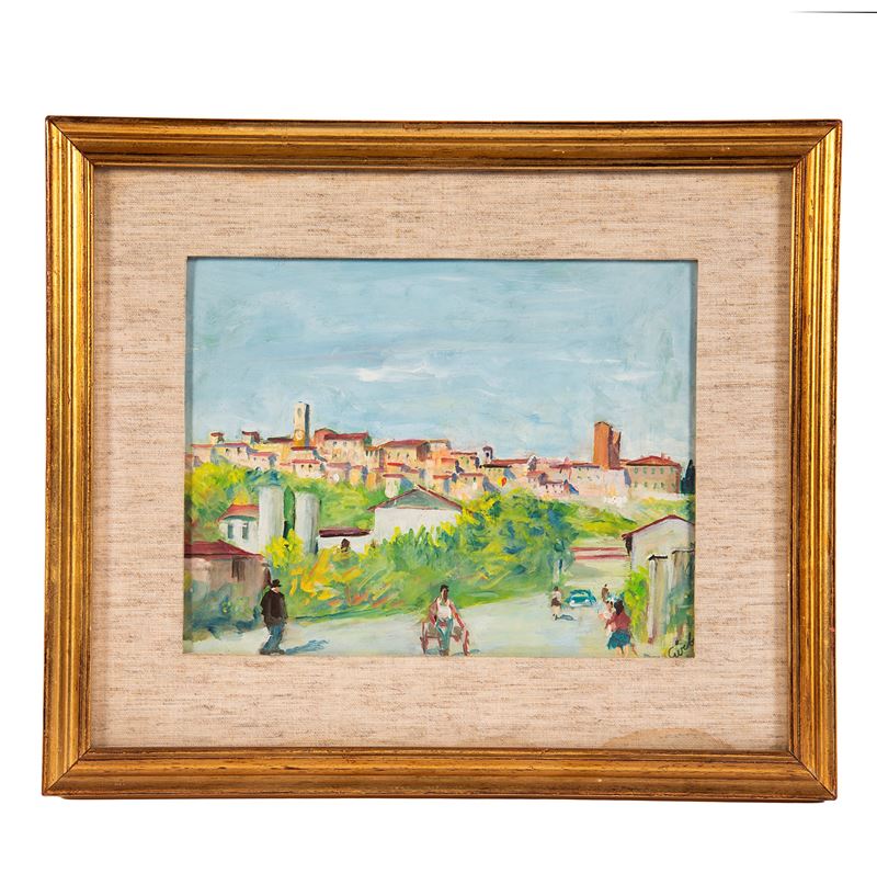 Scuola del XX secolo, Veduta di paese, olio su tela