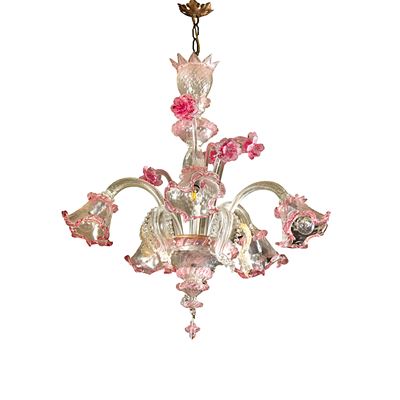 Manifattura Murano, Lampadario in vetro incolore e rosa a cinque bracci