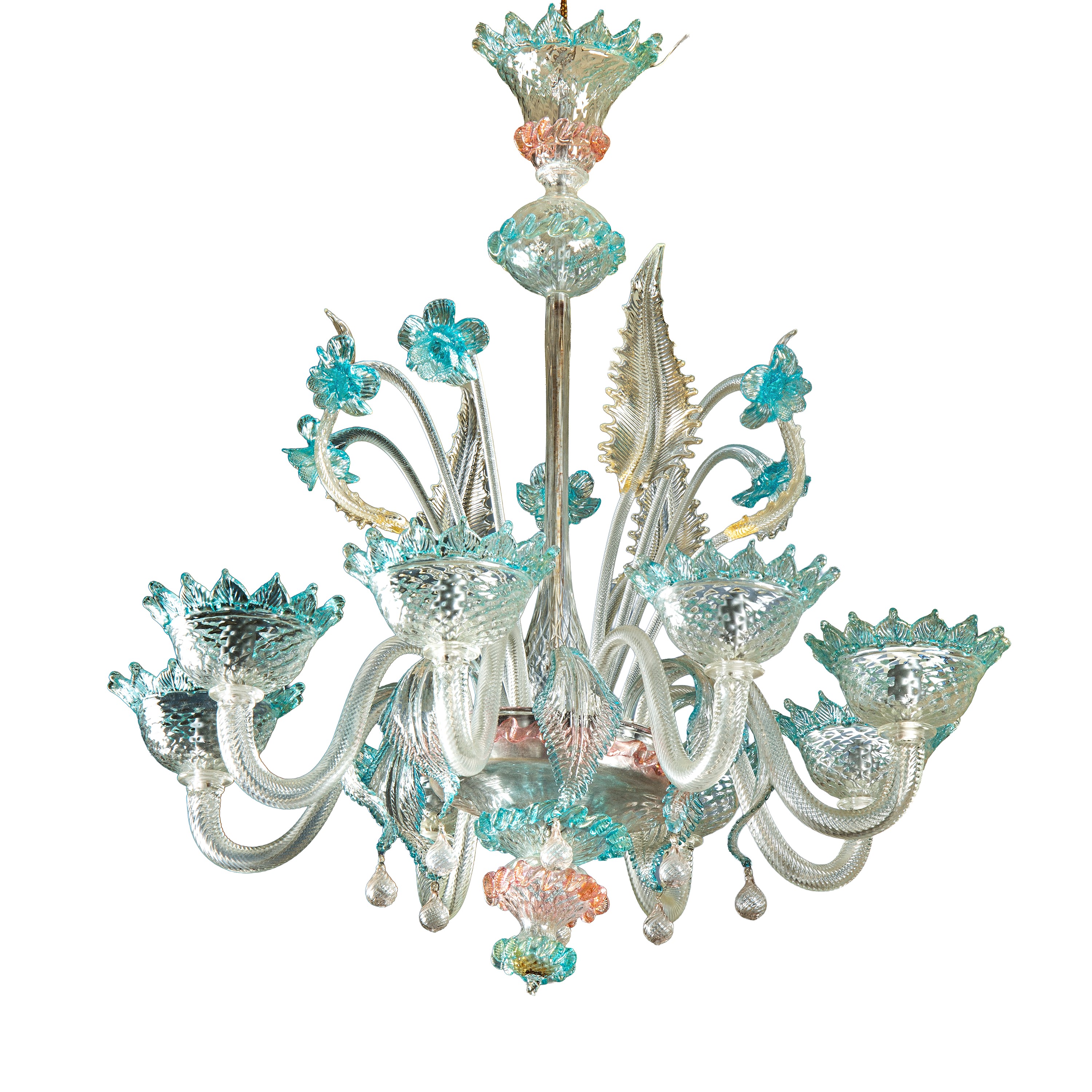 Venezia, Coppia di lampadari in vetro di Murano colorato (otto luci), inizi sec. XX