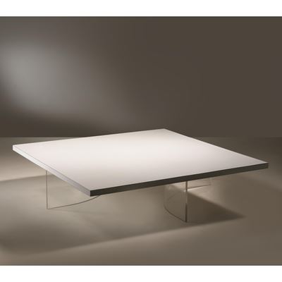 Roberto Monsani, Tavolo basso con basi in PVC trasparente e ripiano in legno laminato (Acerbis, 1...