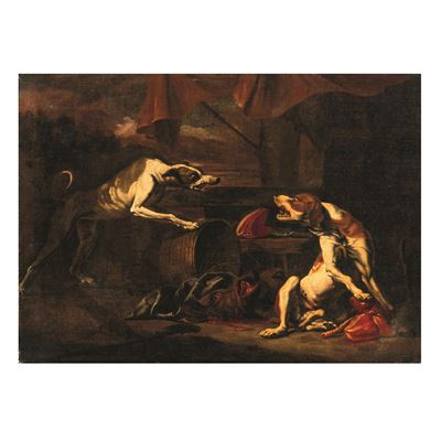 Scuola lombarda, XVII secolo, Cani, olio su tela