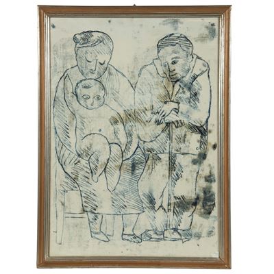 Venturino Venturi, I Nonni (1976), monotipo ad olio su cartone